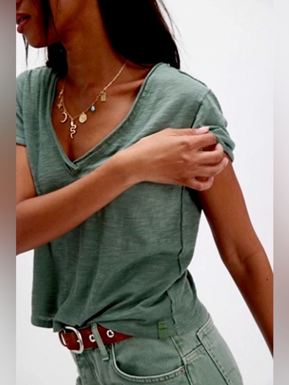 Free People Cropped Deep V-Neck Cropped Tee Shirt Oversized Cotton Relaxed Fit